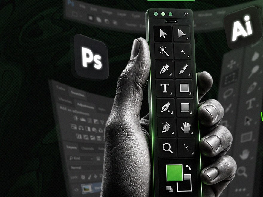 Photoshop and Illustrator toolbars on a dark studio backdrop