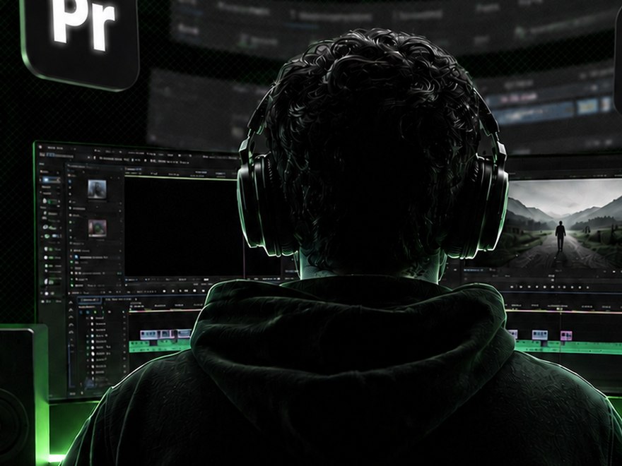 Editor working at a multi-monitor Premiere Pro setup