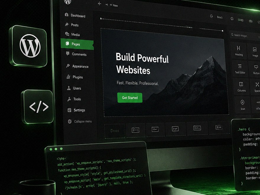 WordPress dashboard and site editor on a dark desk setup